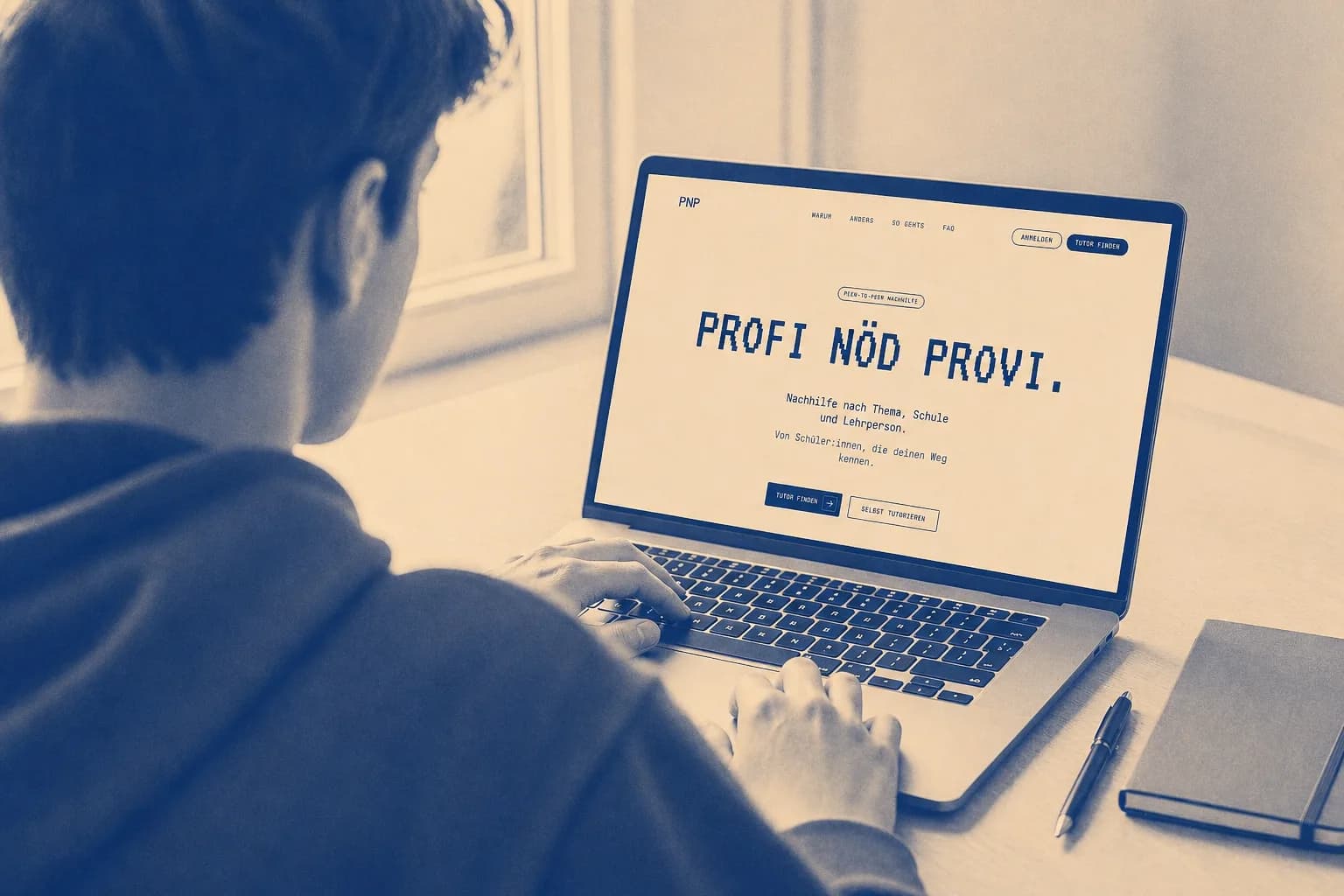 Schüler sitzt am Laptop und nutzt die PNP Nachhilfe-Plattform