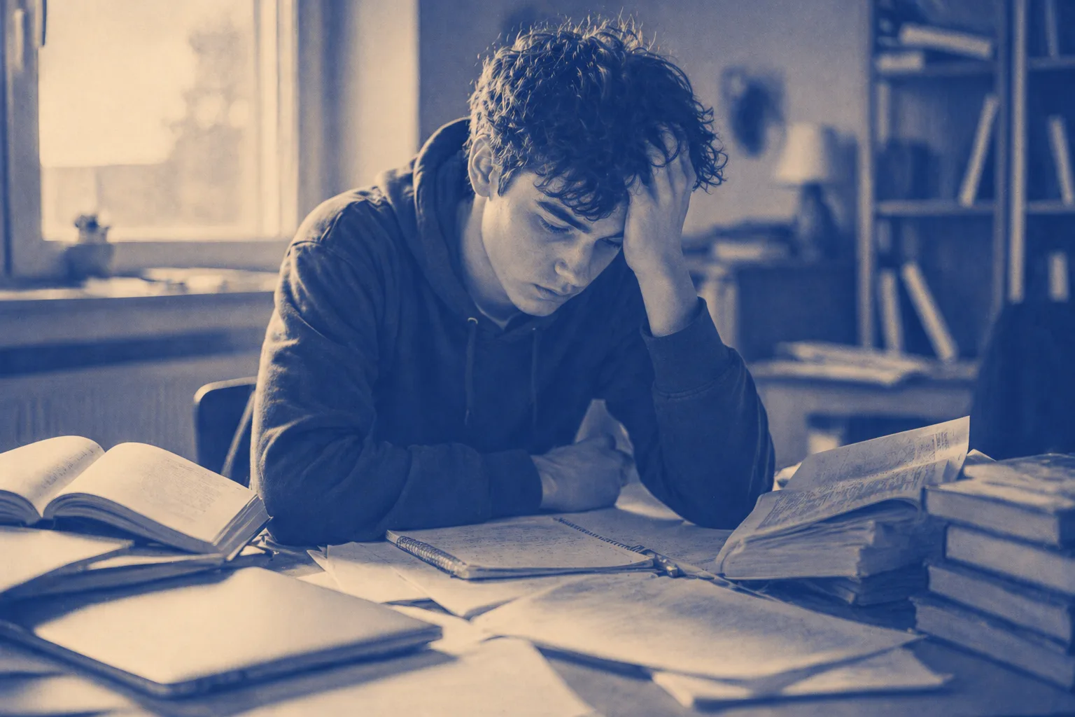 Schüler alleine am Schreibtisch, frustriert beim Lernen